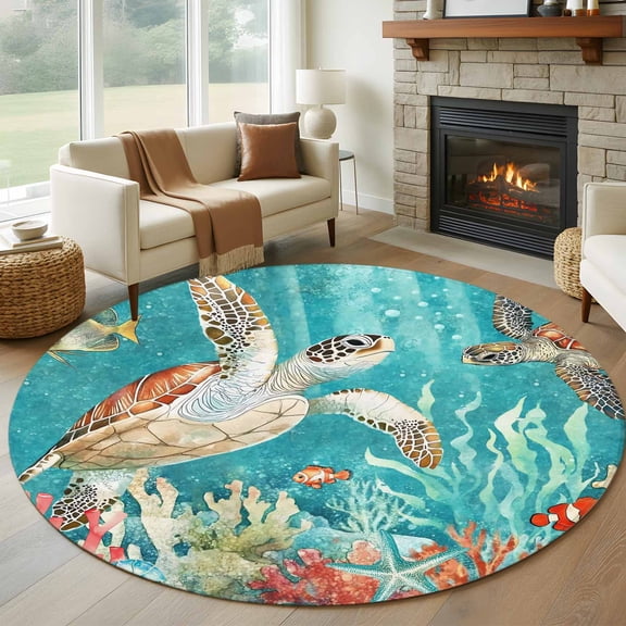 Brown Sea Turtle Coastal Large Round Rug 8 FT, Non Slip Living Room Area Carpet, Teal Summer Beach Coral Nautical Washable Soft Circle Rug Non-Shedding Floor Carpet for Bedroom Office Dining Room