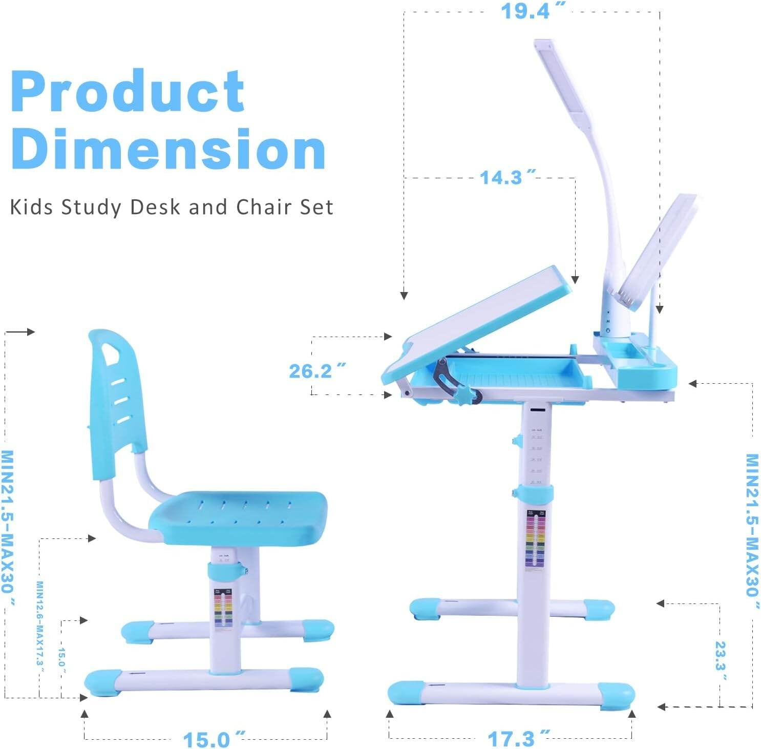 Kids Desk and Chair Set with Adjustable Height, Tiltable Desktop, LED Light & Storage - Blue Study Desk for Children Ages 3-15, Ergonomic Art & Homework Station