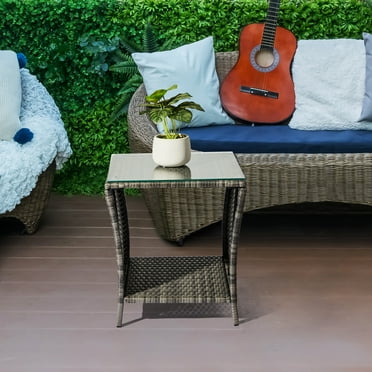 Zimtown Outdoor End Table, Rattan End Table for Poolside, Balcony, Deck, Lawn, Yard, Rattan Table w/ Storage Function, Gray