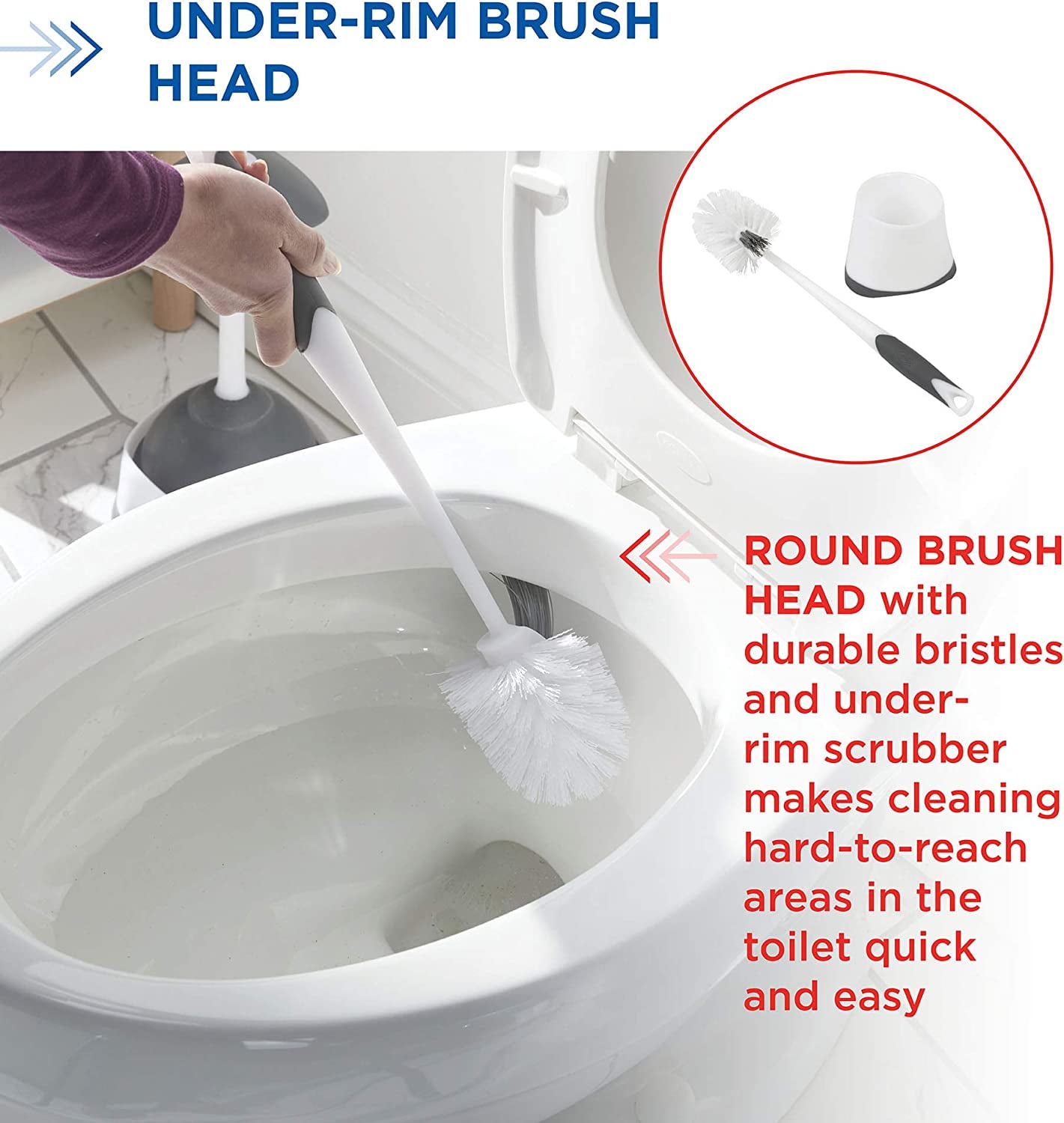 Under-Rim Toilet Bowl Brush with Corner Storage Caddy, 16 x 5 x 5.5 in