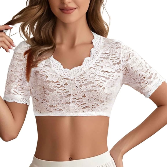Summer Tops for Women, Womens Tops, Women's Traditional Dirndl Blouse Shirt for Oktoberfest with Lace Design and V-Neck Long Sleeves for Casual and Formal Occasions
