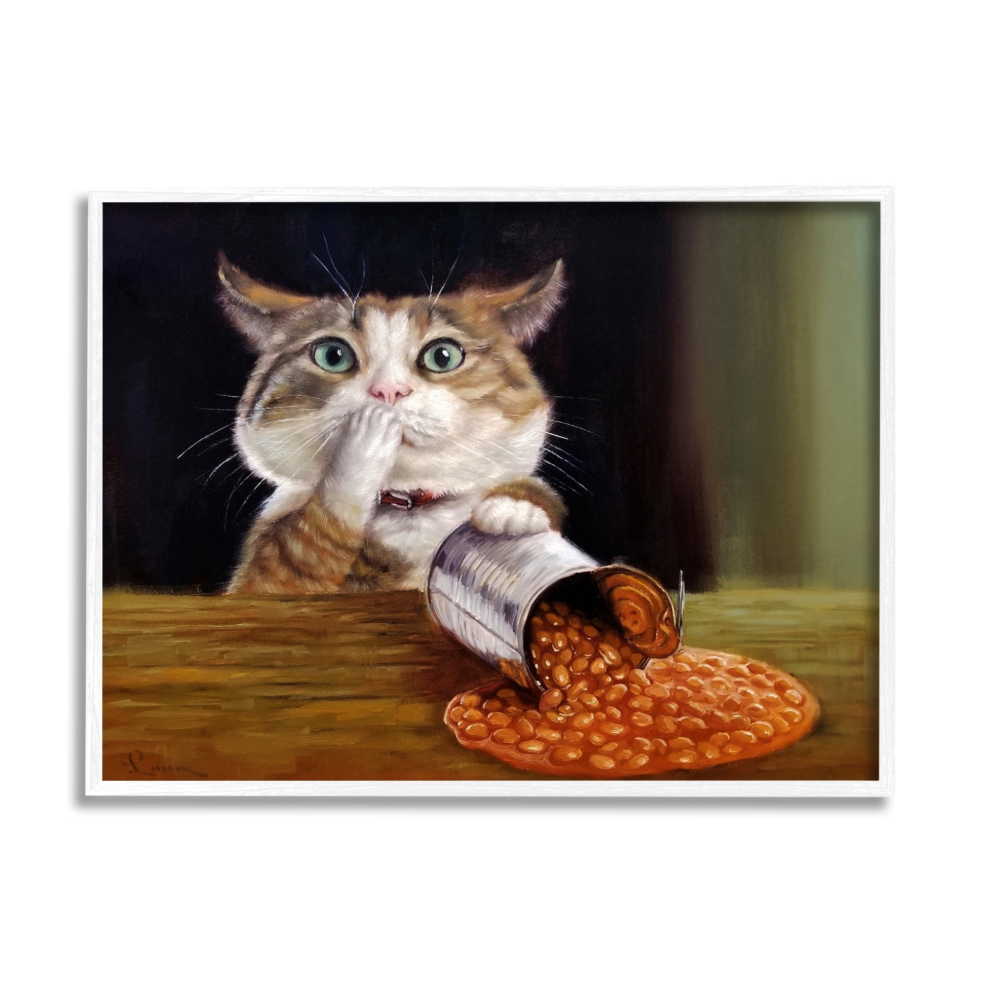 Stupell Industries Spilled The Beans Humorous Cat Kitchen Animal Painting Painting White Framed Art Print Wall Art, Design by Lucia Heffernan