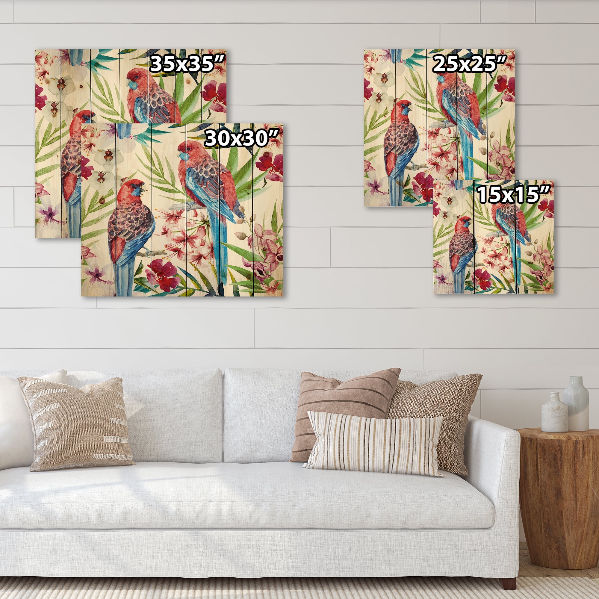 Designart 'Rosella Birds Sitting On Flowers Tree Branch' Traditional Print on Natural Pine Wood