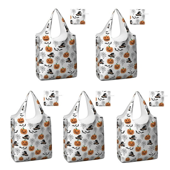 5 Pack Foldable Shopping Bag,Classic Elements Halloween Pattern Reusable Grocery Bags with Pockets,Large Reusable Tote Bags with Handles Waterproof & Lightweight