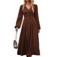 thumbnail image 2 of Sexy Dance Robe Évasée pour Femmes à Manches Longues, Midi, Boutonnée, Coupe Trapèze, Ample, Col en V, Brun Foncé, TG, 2 of 5