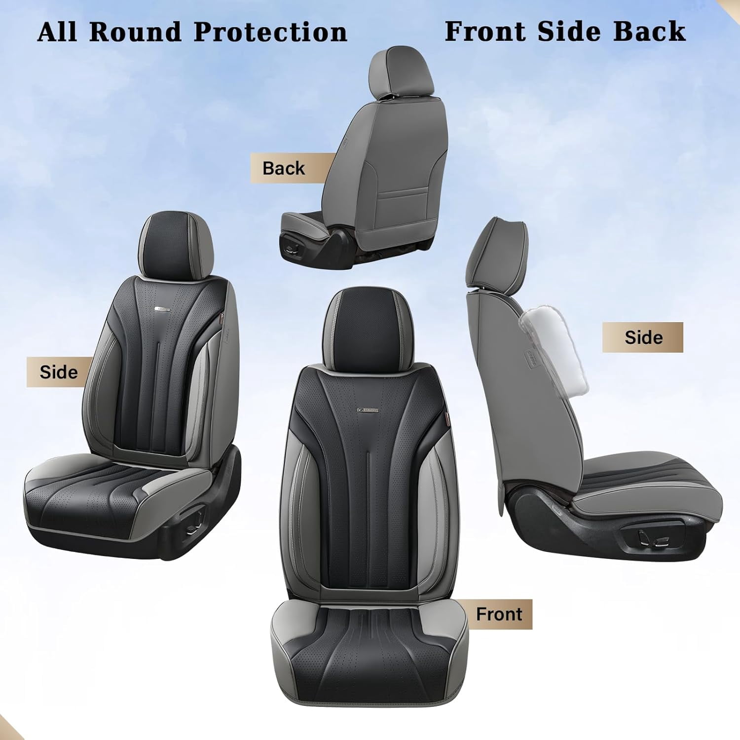 Coverado Full Set Car Seat Covers, Waterproof Faux Leather Front and Rear Seat Protector, Breathable Seat Cushions Universal Fit for Most Cars, Black&Gray