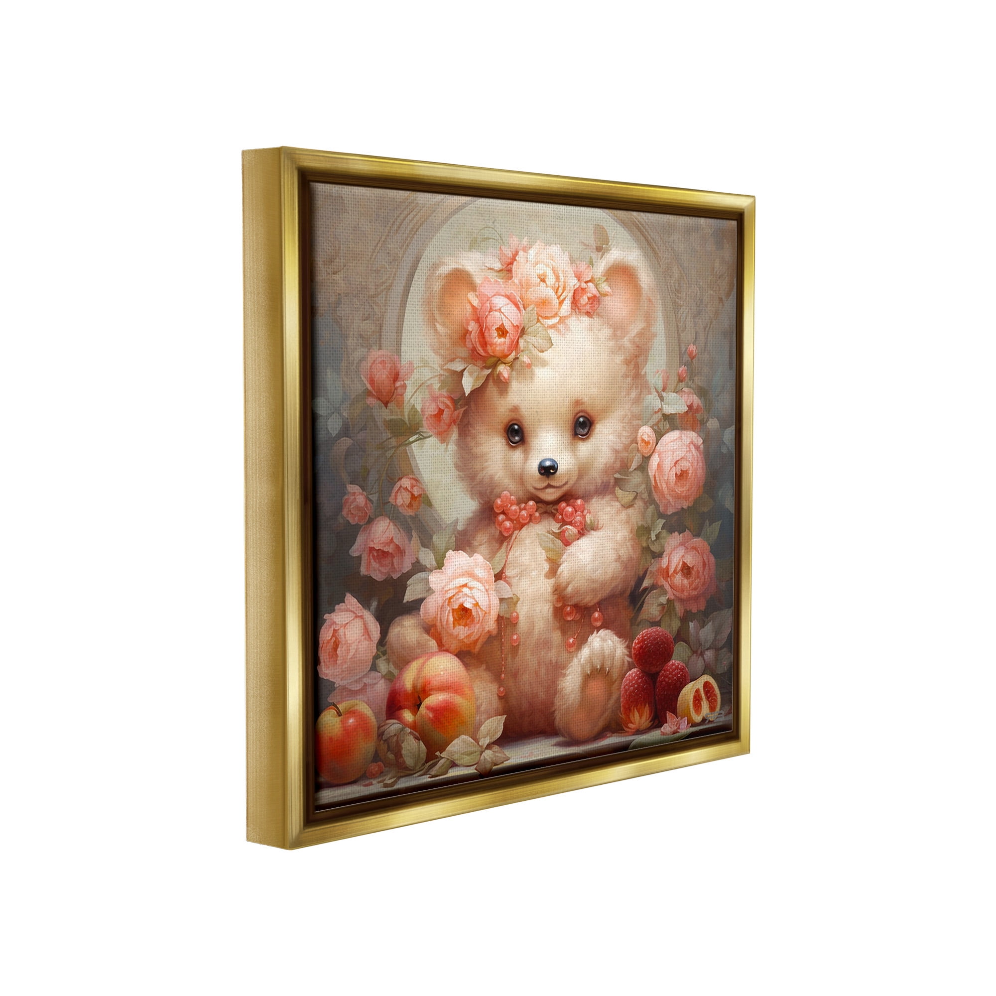 Stupell Industries Bear with Fruits & Flowers Animals & Insects Painting Gold Floater Framed Canvas Art Print Wall Art, 25 x 25