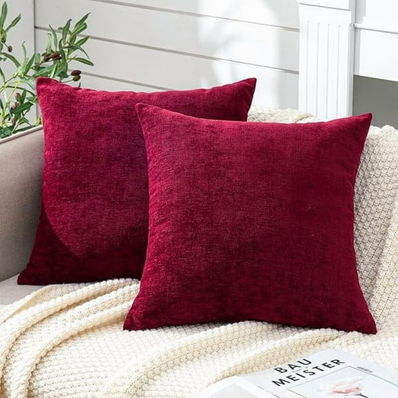 Wanhoo Decorative Chenille Throw Pillow Covers 24x24 Inch Pack of 2, Soft Square Couch Pillow Cover for Sofa Cushion Living Room Bedroom Pillowcases Burgundy Red 60x60cm (NO Insets)