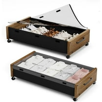 Wooden Under Bed Storage with Wheels, Rolling Under the Bed Storage Bins with Removable Lid, Metal Under Bed Drawers for Clothes and Shoes in Bedroom or Living Room(Walnut Brown-2pack)