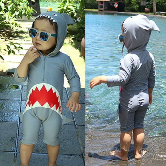 Herrnalise Toddler Baby Boys Swimwear Long Sleeve Fish Modelling Printed Hoody One-piece Swimming Suit