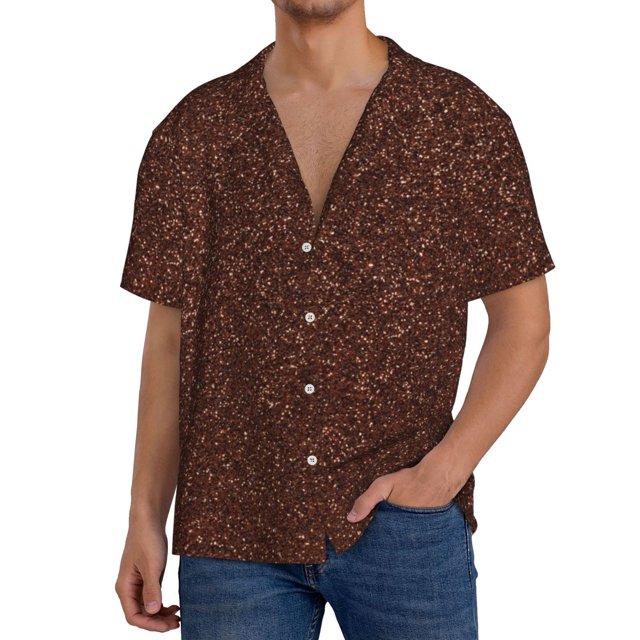 Fotbe Dark Brown Glitter Camisa Estampada de Manga Corta para Hombre, Casual de Verano, Estilo Playero, Sin Arrugas-Large
