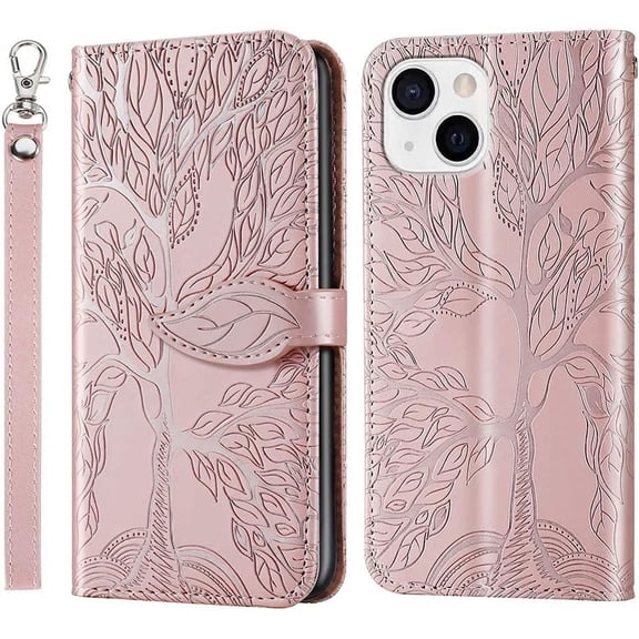 Compatible with iPhone 13 Wallet Case Women Leather Flip with Wrist Strap Kickstand Magnetic Shockproof with Card Holder Protective Case for iPhone 13 6.1 inch Life Tree Rose Gold
