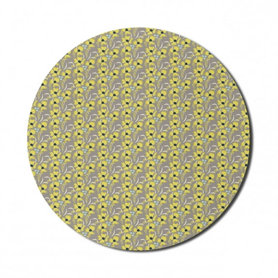 Taupe Mouse Pad for Computers, Romantic Lively Meadow Inspired Spring Yard Flowers Feminine Fashion Bouquet, Round Non-Slip Thick Rubber Modern Mousepad, 8" Round, Indigo Yellow Taupe, by Ambesonne