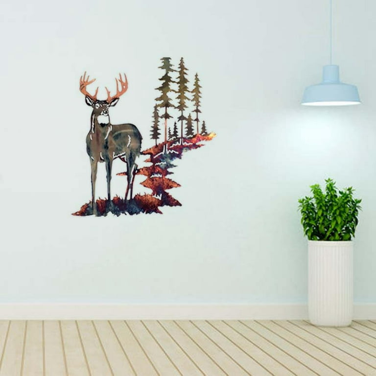 Deer and Woods Cabin Metal Wall Art Forest Cabin Hanging Wall Decor Hanging Brown 38x40cm Walmart