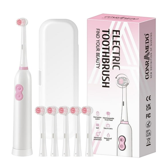 Gonramedo Rotating Round-Shaped Electric Toothbrush with Travel Case, 6 Brush Heads, White