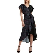 H Halston Short Sleeve Ruffled Faux Wrap Dress Marble Quartz Black XL