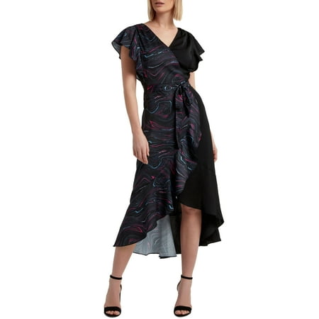 H Halston Short Sleeve Ruffled Faux Wrap Dress Marble Quartz Black XL