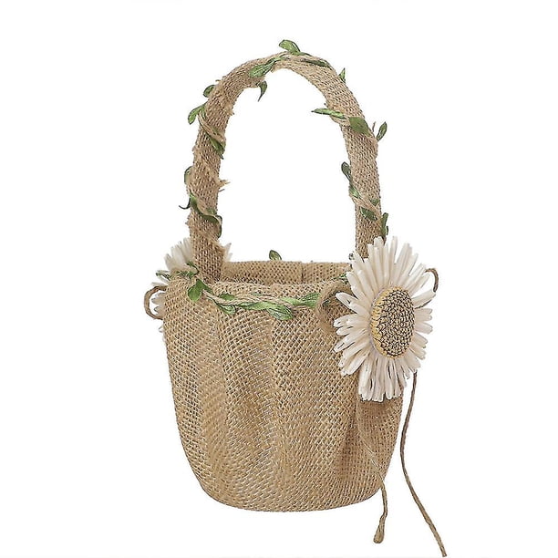 Cesta de la muchacha de flor de la boda con el girasol, cesta rústica de la boda de la cesta de la flor de la arpillera, ceremonia de la boda