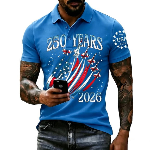 Homeyce Men's Independence Day Golf Shirts Us 250th Anniversary Short Sleeve Golf Shirts American Flag 4th Of July Polo T-Shirts Collared Button Patriotic Tee,Blue 2XL