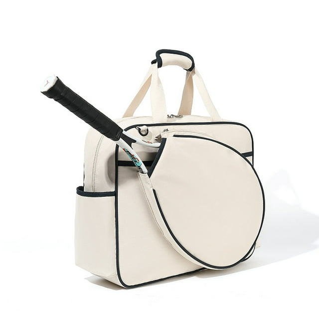 2025 New Korean Fashion Large Capacity Tennis & Squash Racket Bag for Women - Holds 2-3 Rackets, Versatile Shoulder/Crossbody Straps, Durable Material, Compact & Portable - Ivory White with Blue Trim