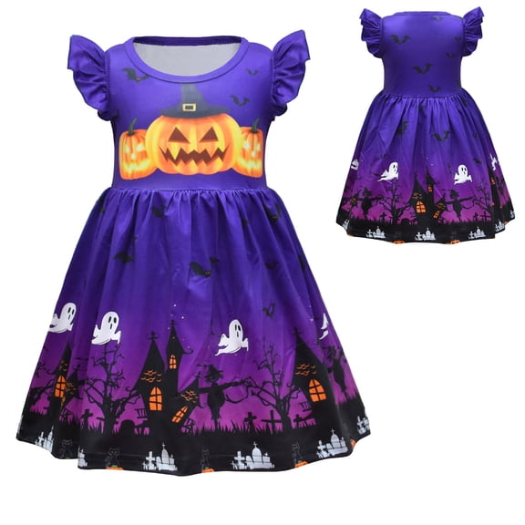 EnJoCho Toddler Girls Halloween Princess Dress with Cartoon Pumpkin Print & Flutter Sleeves, Cute Dress Par𝗍y Tutu Dress for Fall Holiday