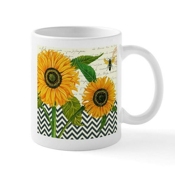 CafePress - Modern Vintage Sunflower Mugs - 11 oz Ceramic Mug - Novelty Coffee Tea Cup