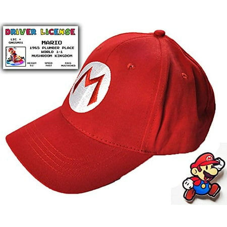 Super Mario Bros Gift Set - Baseball Cap, Driver License & Pin | costume hat*** Size=One