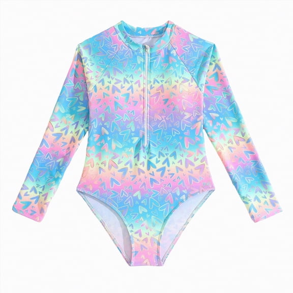 JUMEYU Girls Swimsuits Girls Long Sleeve Rashguard Swimsuit UV Protection One-Piece Swimwear Bathing Suit Size 10-11 (Blue,10-11 Years)