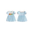 thumbnail image 2 of RUINIXCW Toddler Baby Girl Halloween Dress Outfit Kids Baby Girl Summer Fall Dress Clothes Pumpkin Ghost Letter Embroidery Doll Collar Short Sleeve Striped Dress, 2 of 9