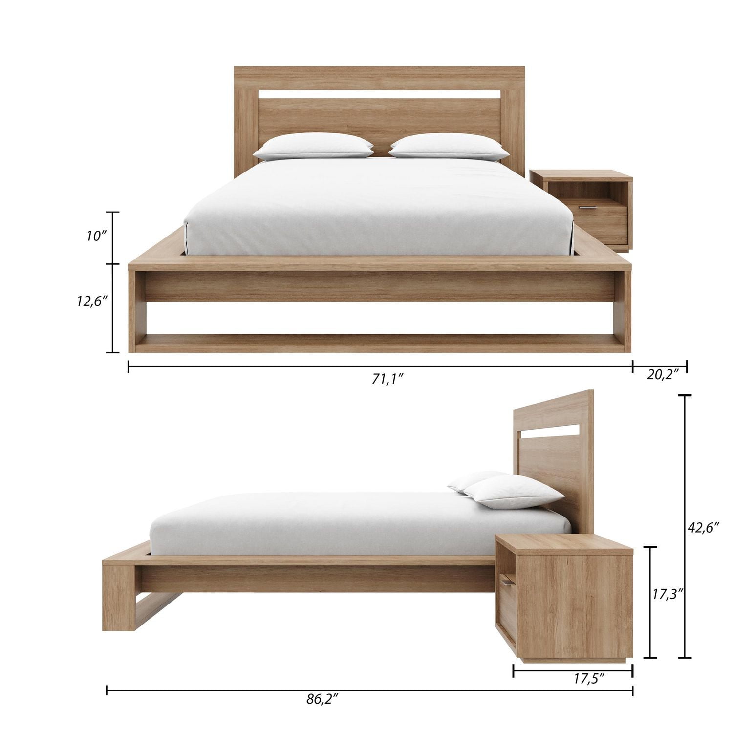 Ensemble de chambre à coucher Morgan 3 pièces avec tête de lit, sommier à lattes et 1 table de chevet