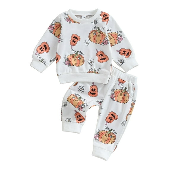 Toddler Girls Halloween Pants Sets 6M 12M 18M 24M 3Y Long Sleeve Crewneck Print Sweatshirt Tops Floral Pumpkin Print Pants Sets