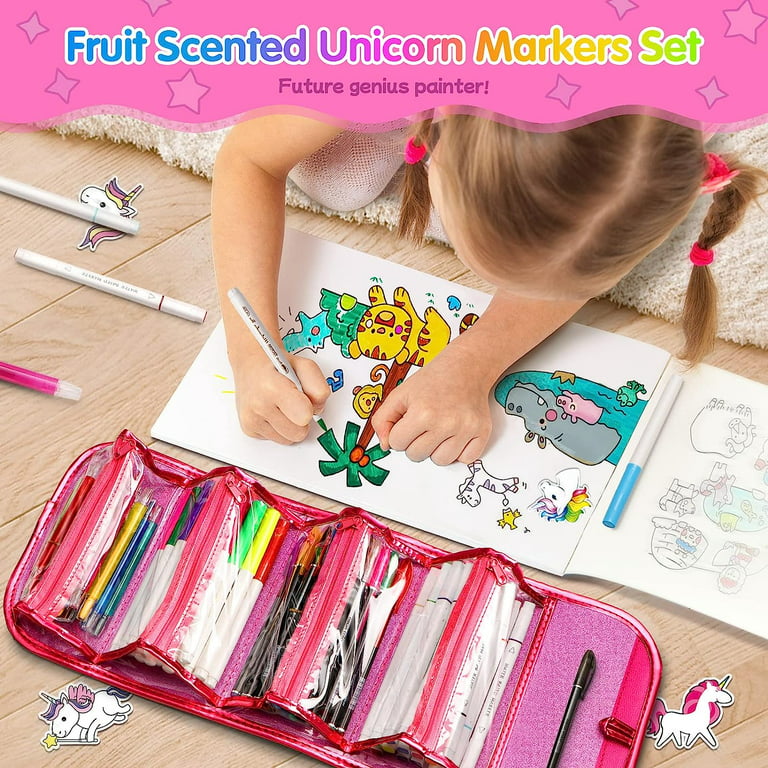 Great Choice Products Unicorn Fruit Scented Markers Set 56 Pcs, Art Supplies for Kids 4-6-8, Arts and Crafts Coloring Set, Markers Pencil Crayon
