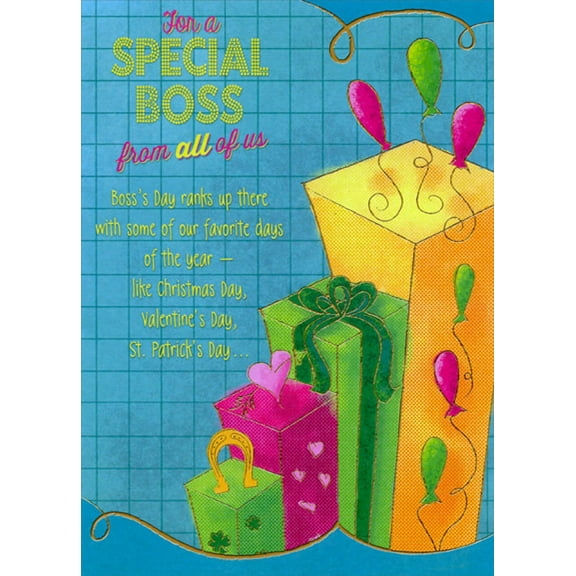Designer Greetings Tall Colorful Presents on Blue Grid Background Humorous : Funny Boss's Day Card from All : Us : Group