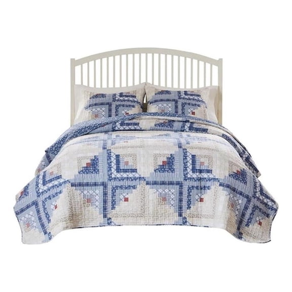 Binu 2pc Twin Size Quilt Set, Winter Log Cabin Blue White, Reversible