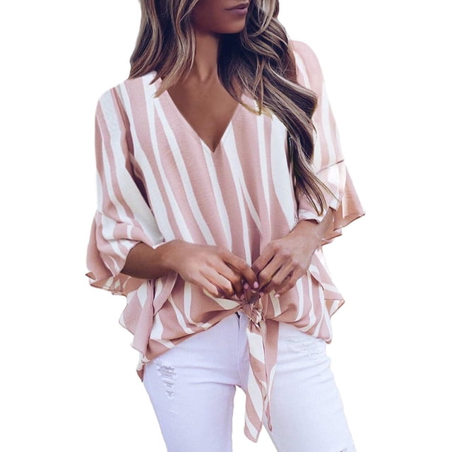 Blusas de verano con cuello en V y estampado floral para mujer 3 4 con manga acampanada y nudo Fokelyi WMZY-350-11
