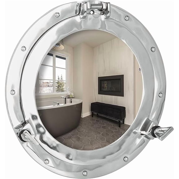 Porthole Mirror - 12 Inch Nickel Silver White Finish | Nautical Wall Décor for Bathroom and Bedroom | Antique Wall Mounted Aluminium and Steel Alloy Vintage Port Hole Window Décor