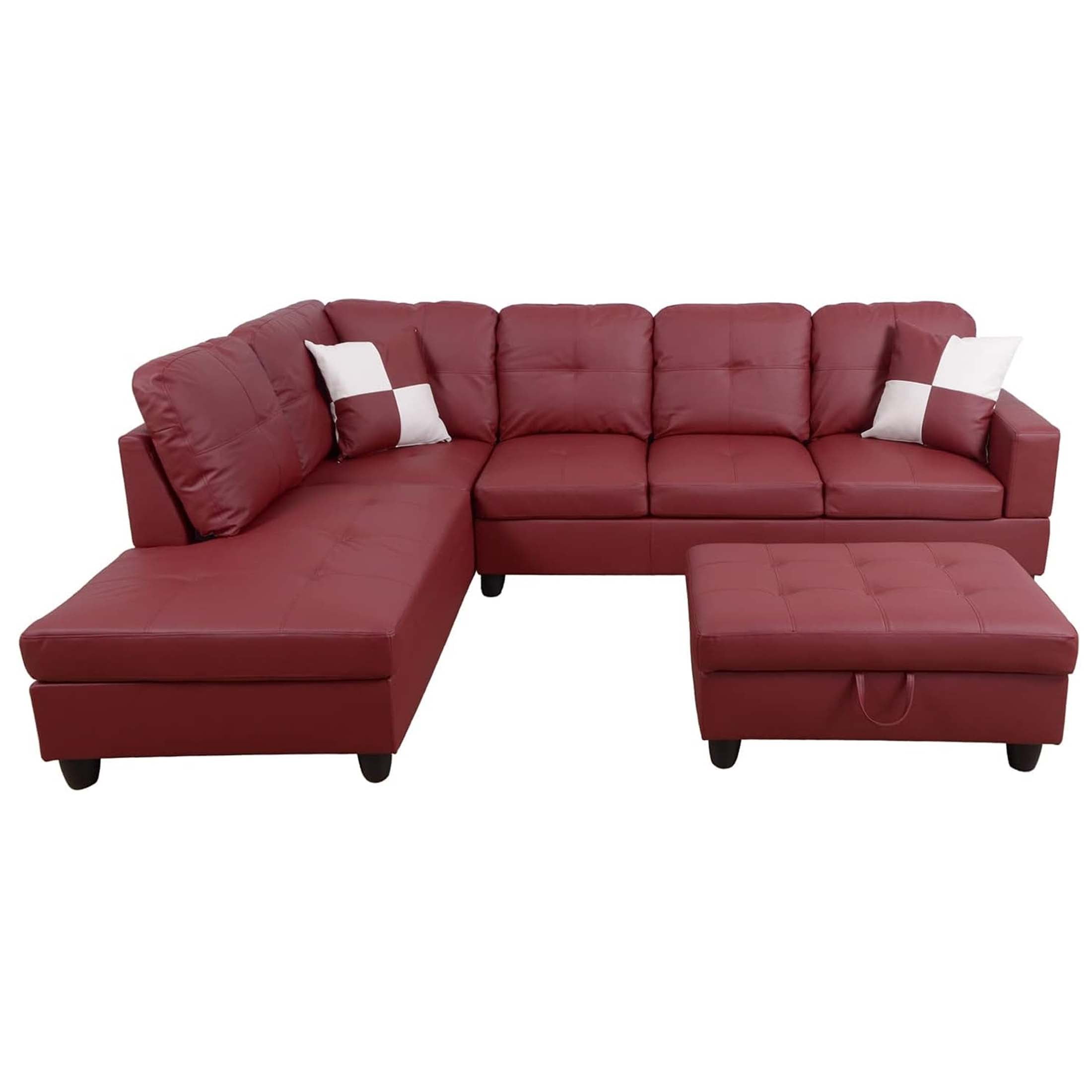 Momspeace Living Room Sectional Couch with Storage Ottoman, Modern PU Leather L-Shaped Sofa Couch Set - Red
