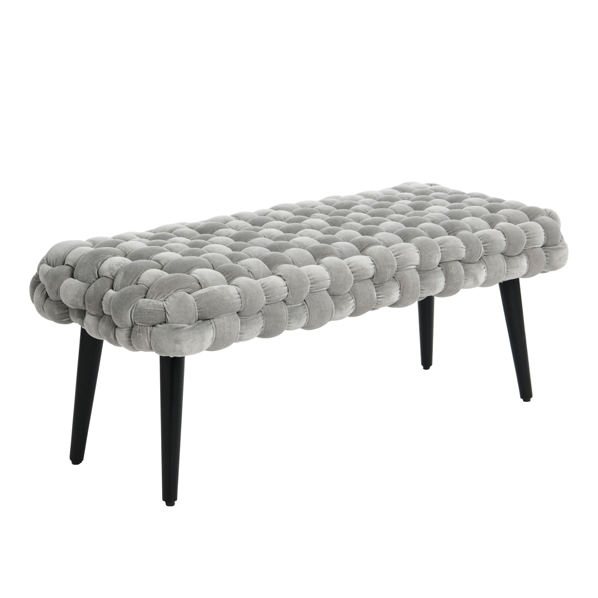 Creative Co-Op Boho Chunky Woven Velvet Entryway Bench with Wood Legs Grey and Black