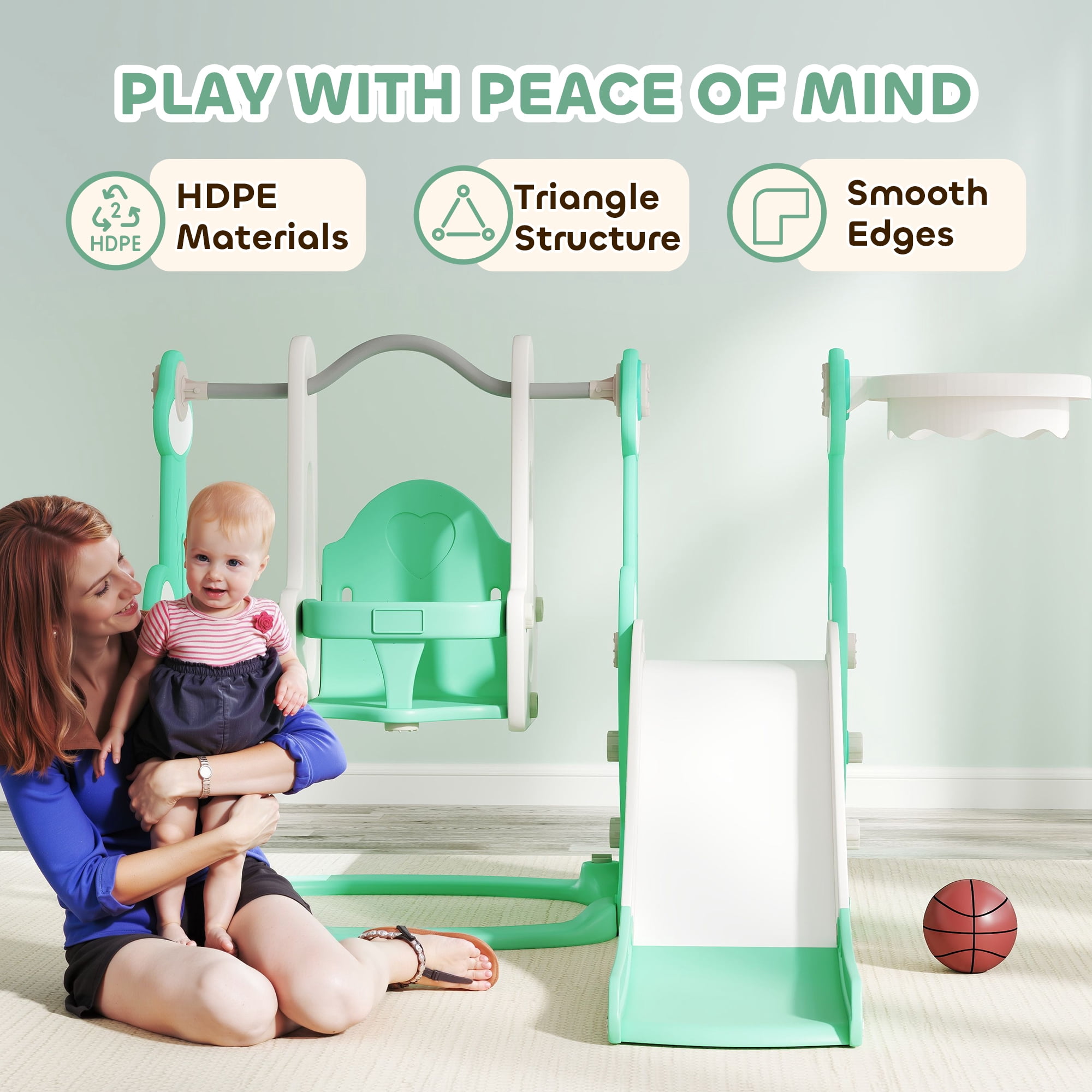 Qaba 4 in 1 Toddler Slide and Swing Set, Indoor Kids Slide for Ages 1.5-4, Toddler Playset Playground with Climber, Basketball Hoop, Green