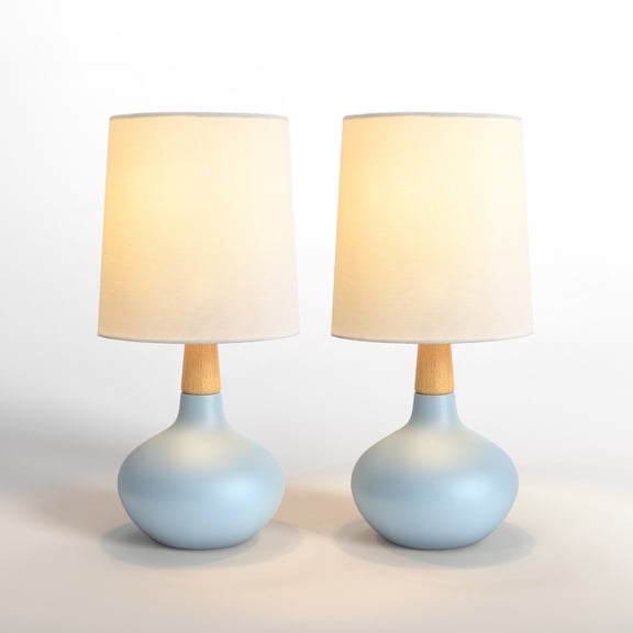Maxax 14" Blue Ceramic Table Lamp Set of 2, Bedside Lamps with Natural Wood Stem and Linen Shade for Bedroom, Living Room, Nightstand