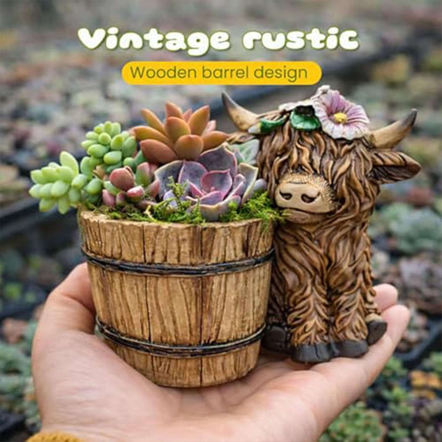 Highland Cow Succulent Planter Pot with Drainage Hole, Cute Resin Wooden Barrel Plant Container for Farmhouse Decor, Gardening Gift for Animal Lovers (1 or 2 Pack)