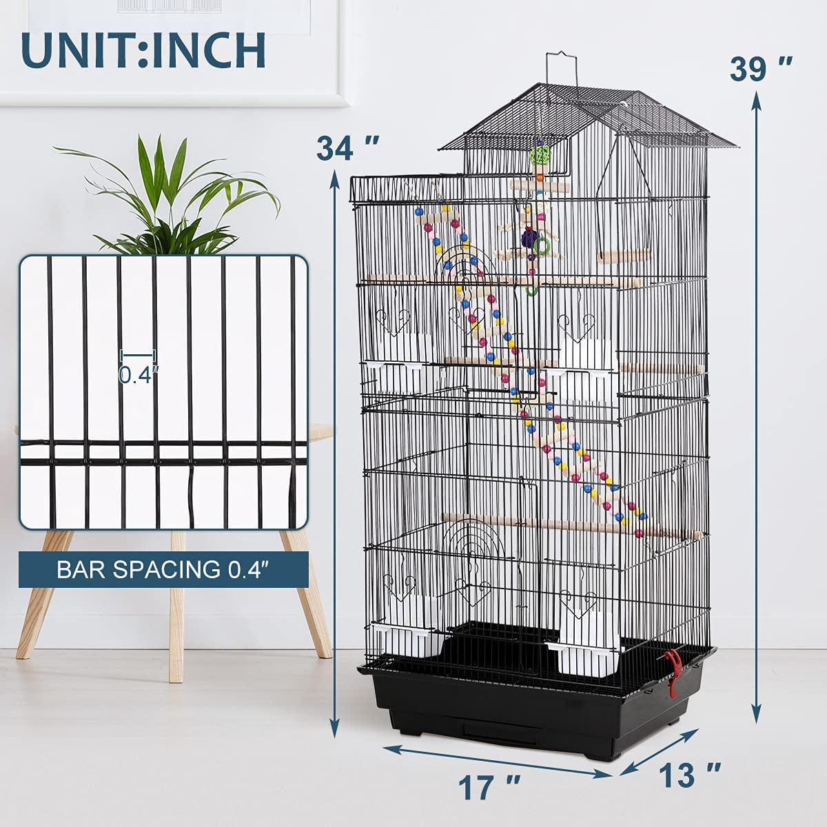 Dkeli 39"H Parrot Cage Metal Large Roof Top Bird Cage Double-Door Parakeet Cage with Ladder and Swing, Black