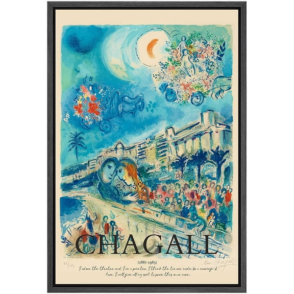 PixonSign Framed Canvas Print Wall Art Chagall Crescent Moon Pastel Floral Landscape Classic Vintage Illustrations Fine Art Decorative Multicolor for Living Room, Bedroom, Office - 16"x24" BLACK