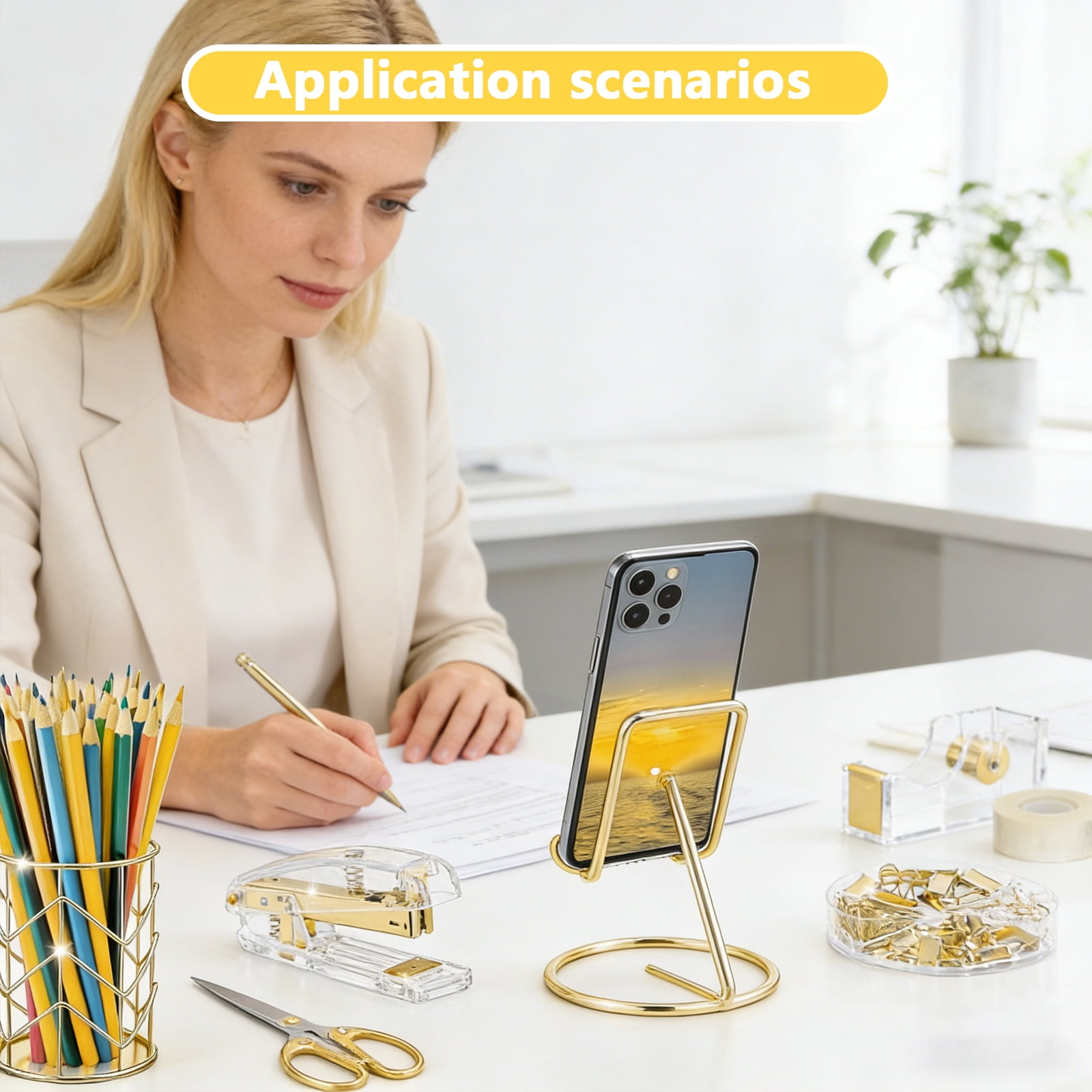 Arcticwind Desk Accessories Acrylic stapler set,staple remover,Phone Holder,Tape Dispenser,Tape/Pen Holder,Scissor,Ballpoint Pen,Binder Clips,Paper Clips and Staples.(8 piece imitation gold set)