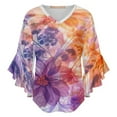 thumbnail image 5 of Abstract Purple Orange Flowers Women's V-Neck Blouse With 3/4 Ruffled Bell Sleeves Casual Top Ladies Blouses, 5 of 7