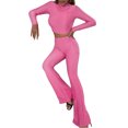 thumbnail image 2 of VISgogo, traje de 2 uds con pantalones para mujer, Tops cortos de cuello alto de manga larga de Color liso, pantalones acampanados largos de tiro alto, ropa de primavera/otoño para mujer VISgogo  moda, 2 of 9