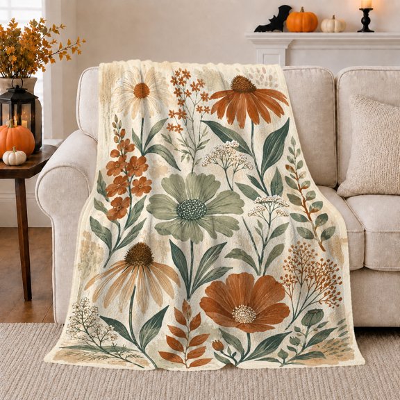 Printed Flannel Throw Blanket with Autumn Botanical Floral Living Room
