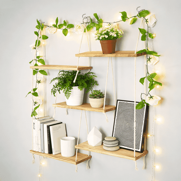 AMTPM Hanging Shelves for Wall, 5 Tier Boho Wall Decor Hanging Plant Shelf Floating Shelves Rope Rustic Wood Organizer Storage Hanger Rack for Aesthetic Home Bedroom Kitchen Bathroom