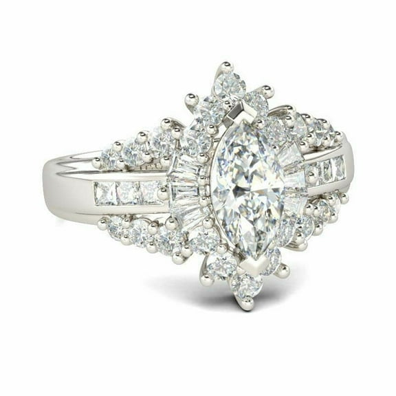 HeartsAndYou 3.5ct Marquise Moissanite Halo Gatsby Cocktail Engagement Ring for Women 18k White Gold over Silver For Women