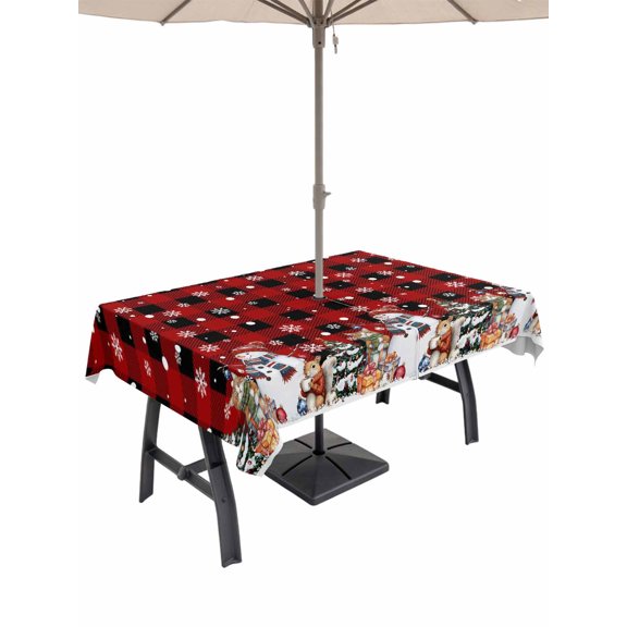 Outdoor Tablecloth with Umbrella Hole and Zipper, Christmas Rectangle Table Cloth 60x84 Inch Waterproof Tablecloth, Snowman Animals Snow Pine Tree Black Red Plaid Picnic Table Cover for Patio Camping